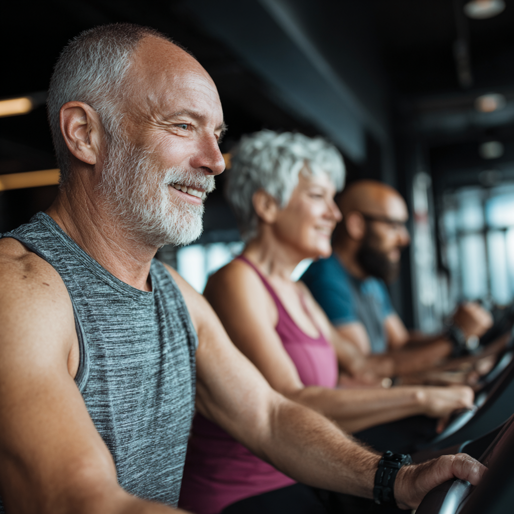 mature adults exercising together in modern fitness facility